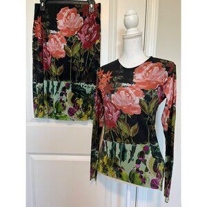 Vtg Petit Pois By Viviana G Floral Long-Sleeve Top (L) & Skirt (M) Set Suit Art